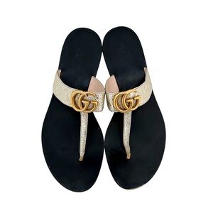 Gucci Marmont GG Thong Sandals EU 41 US 11 Gold Leather Slip On Flip Flop Flat